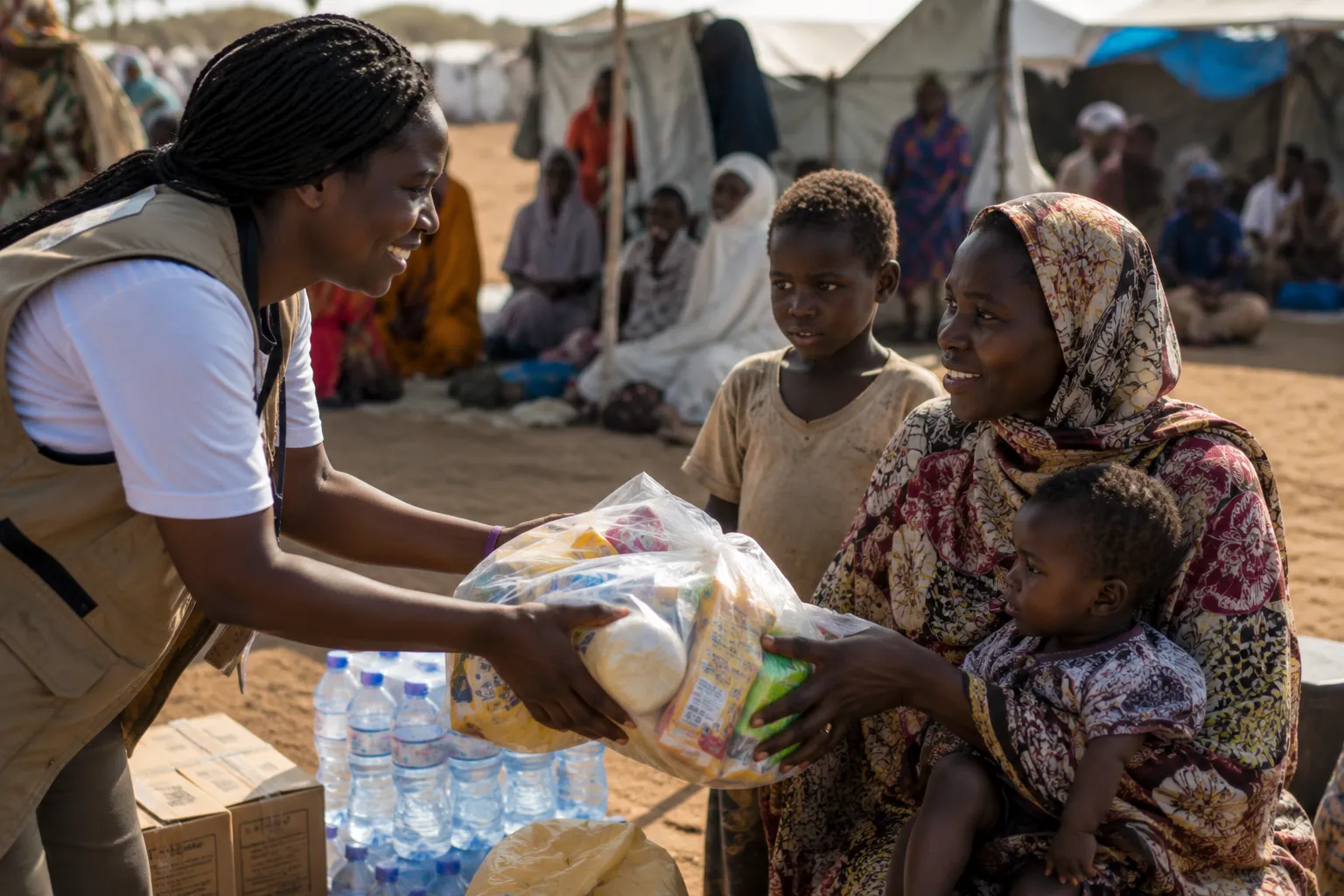 Aid worker distributing water