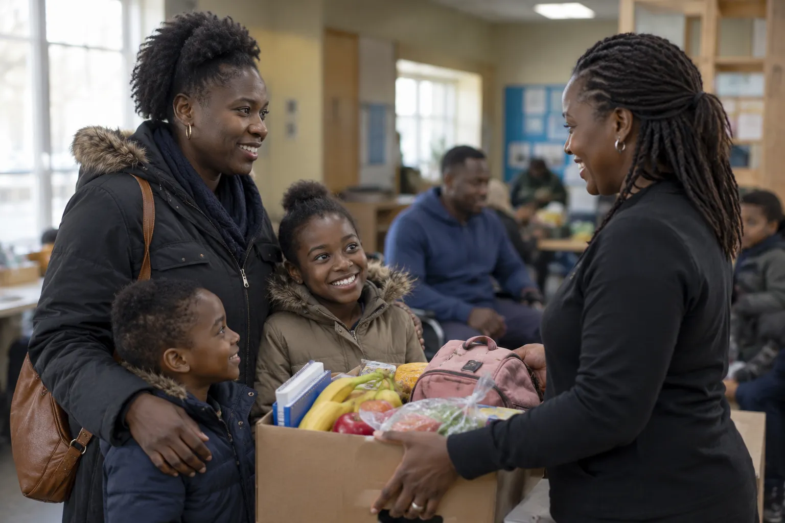 Volunteer handing supplies to a family